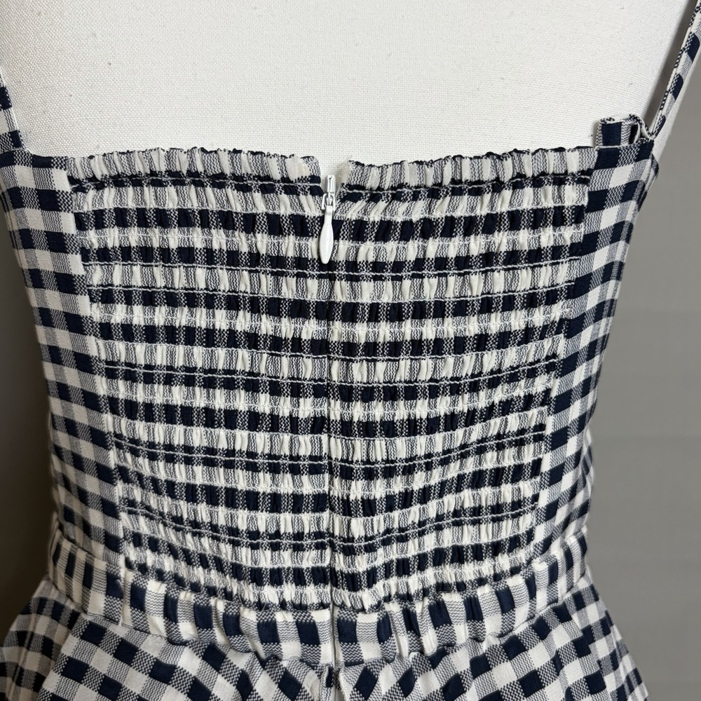 J Crew Silk Gingham Dress 10 Navy White Check Ruffle Tiered Midi Sundress - Picture 7 of 9